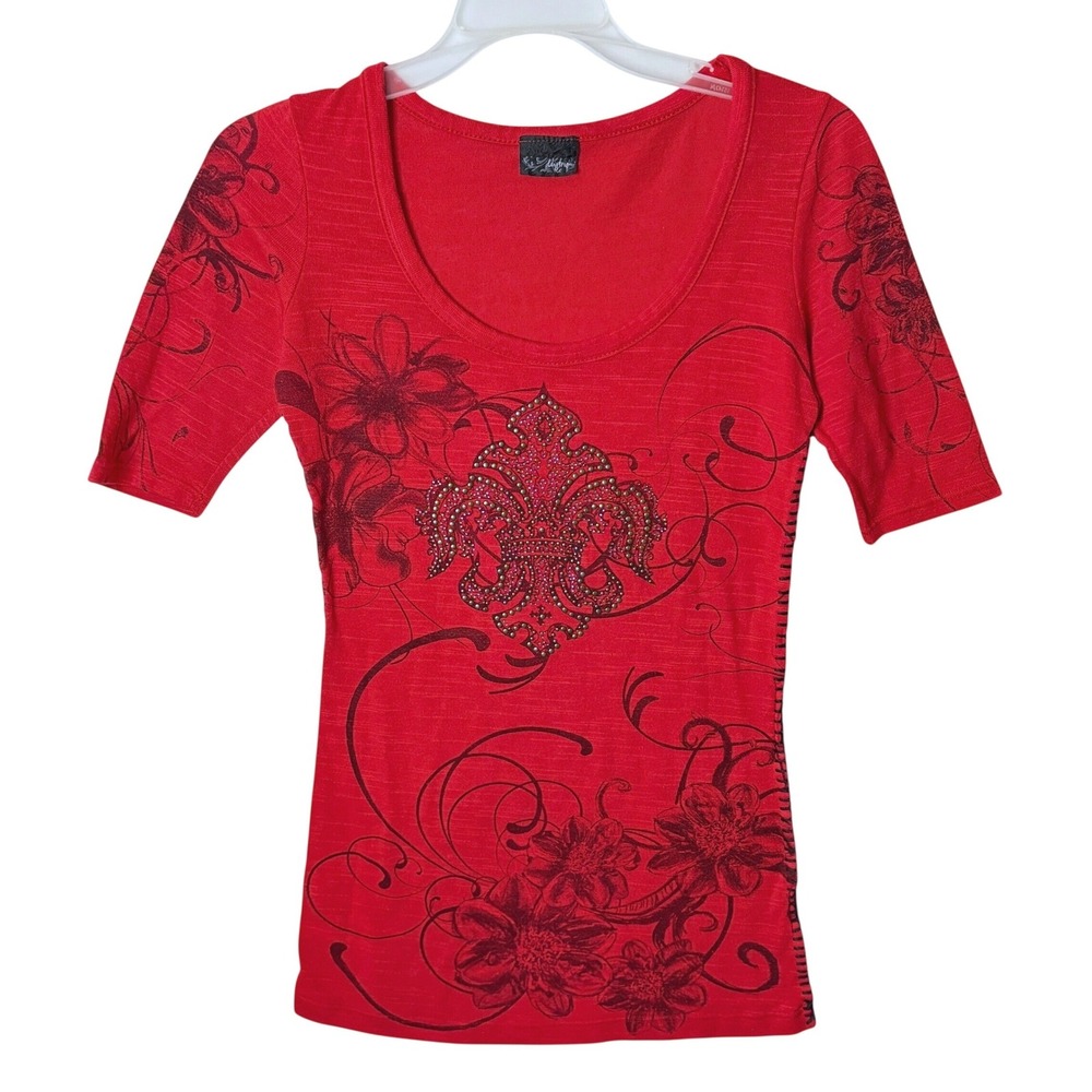 Daytrip Grunge Edgy Y2K Top Womens S Red Gothic Rhinestone Biker McBling